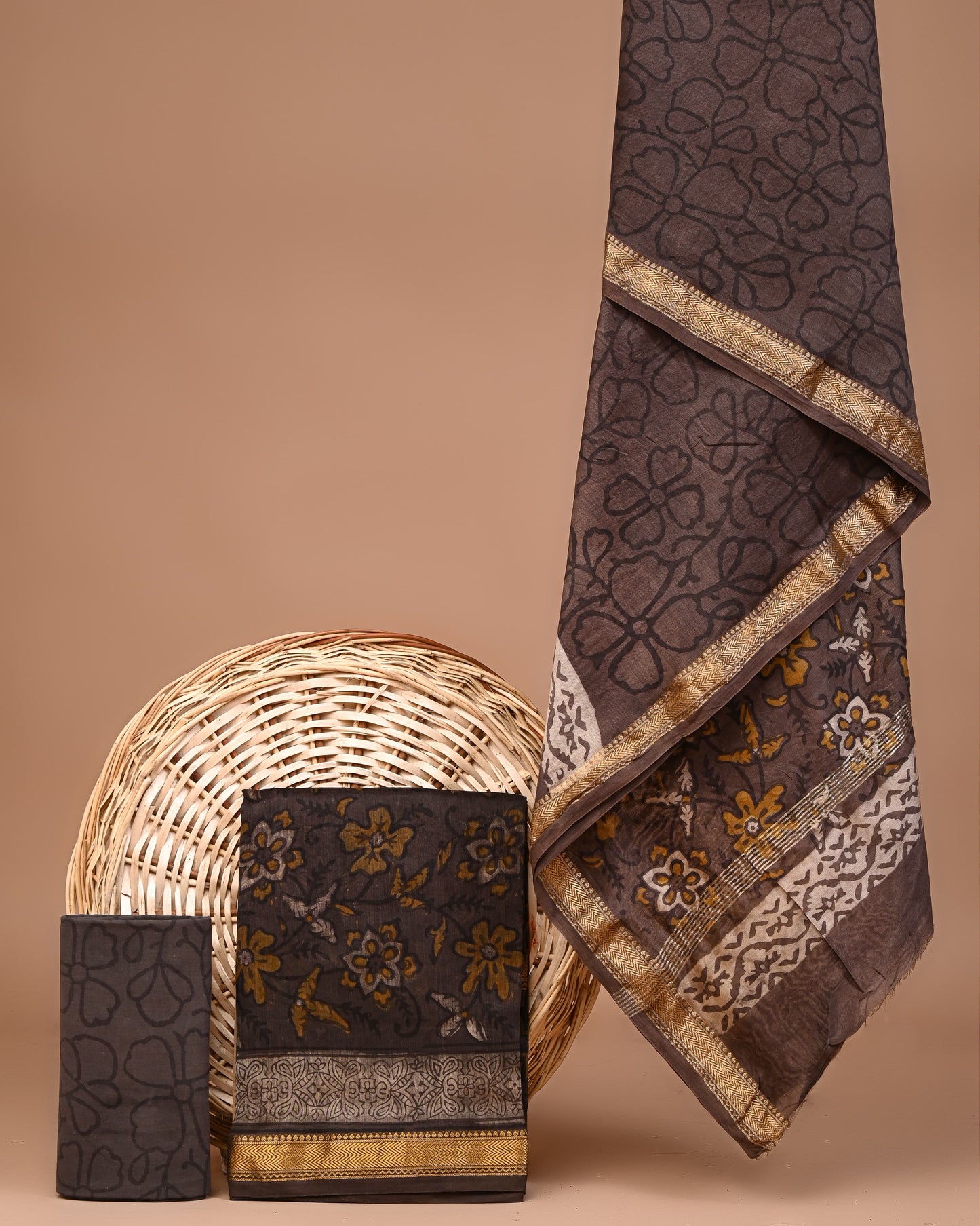 Hand block printed suits with maheshwari silk Dupatta