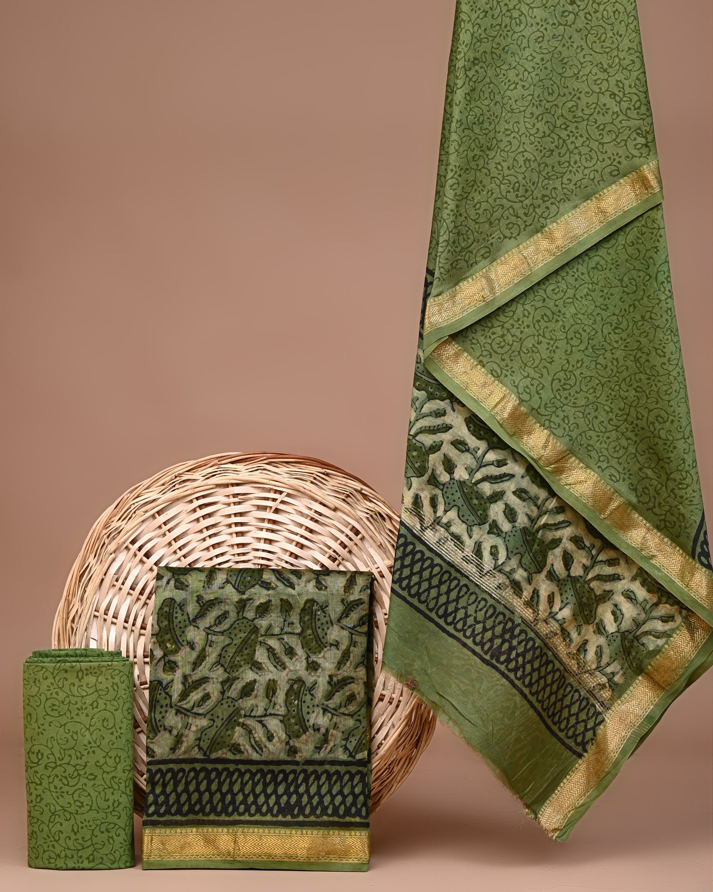 Hand block printed suits with maheshwari silk Dupatta
