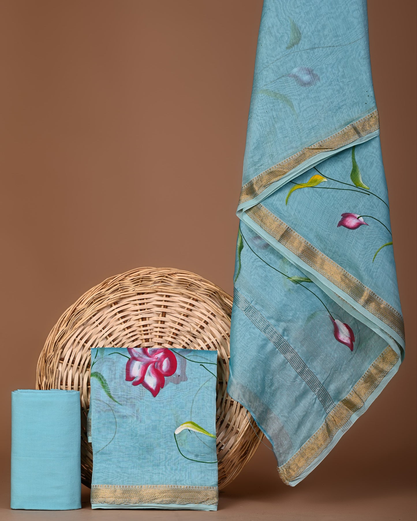 Hand block printed suits with maheshwari silk Dupatta