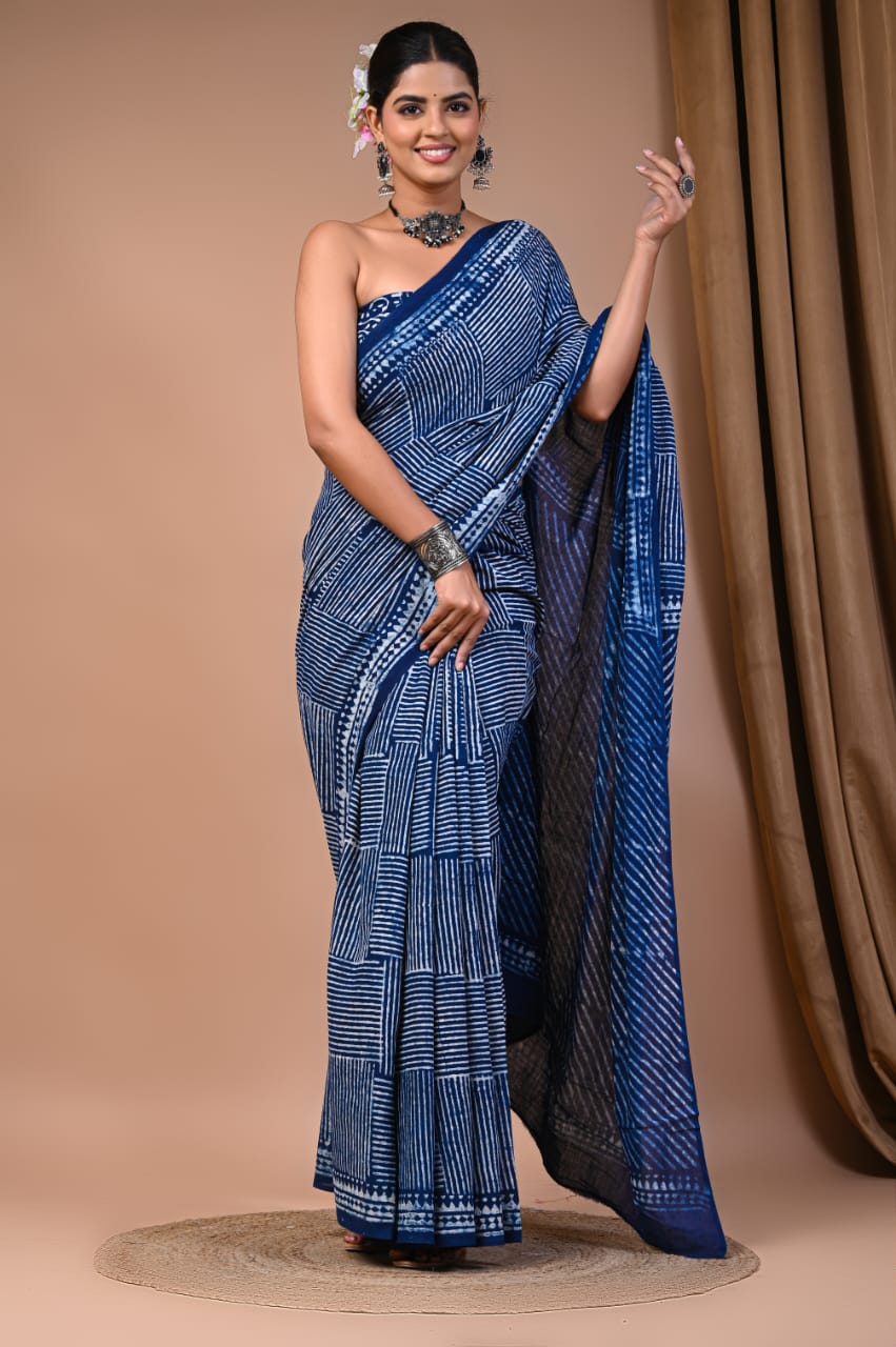 Natural Indigo Block Print Cotton Saree with Blouse – Handcrafted Elegance