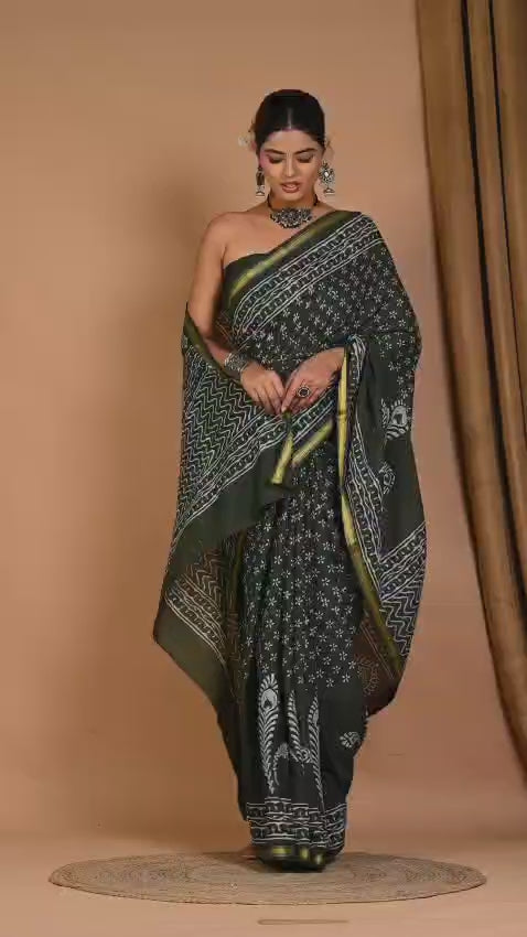 Bagru Hand Block Printed Mul Cotton Zari Saree with Blouse