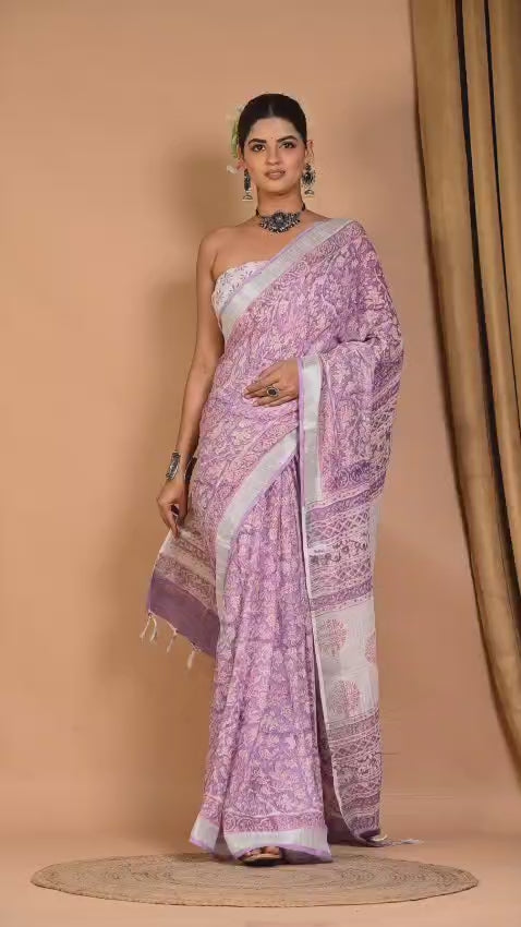 Bagru hand block prints lilen cotton slub  saree with blouse